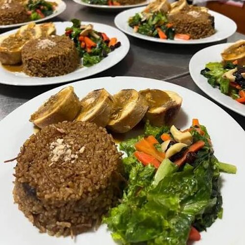 Servicio de catering con arroz, maduros y ensalada en Terra Eventos